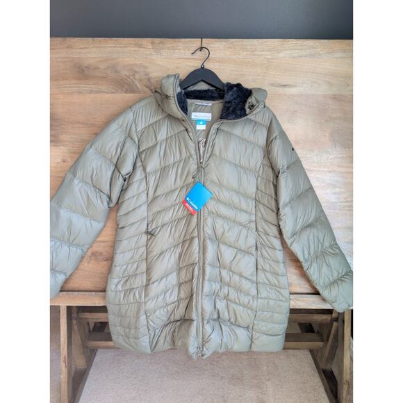 Columbia Autumn Park Mid Jacket Women's XL Stone Green Down Ski Hooded Full Zip
